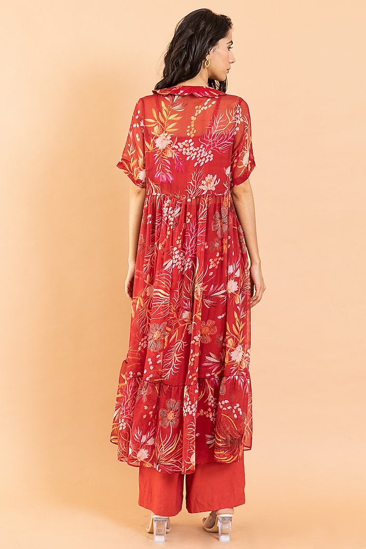 Cherry Red Recycled Chiffon Printed Kurta Set by AROOP SHOP INDIA at Pernia's Pop Up Shop
