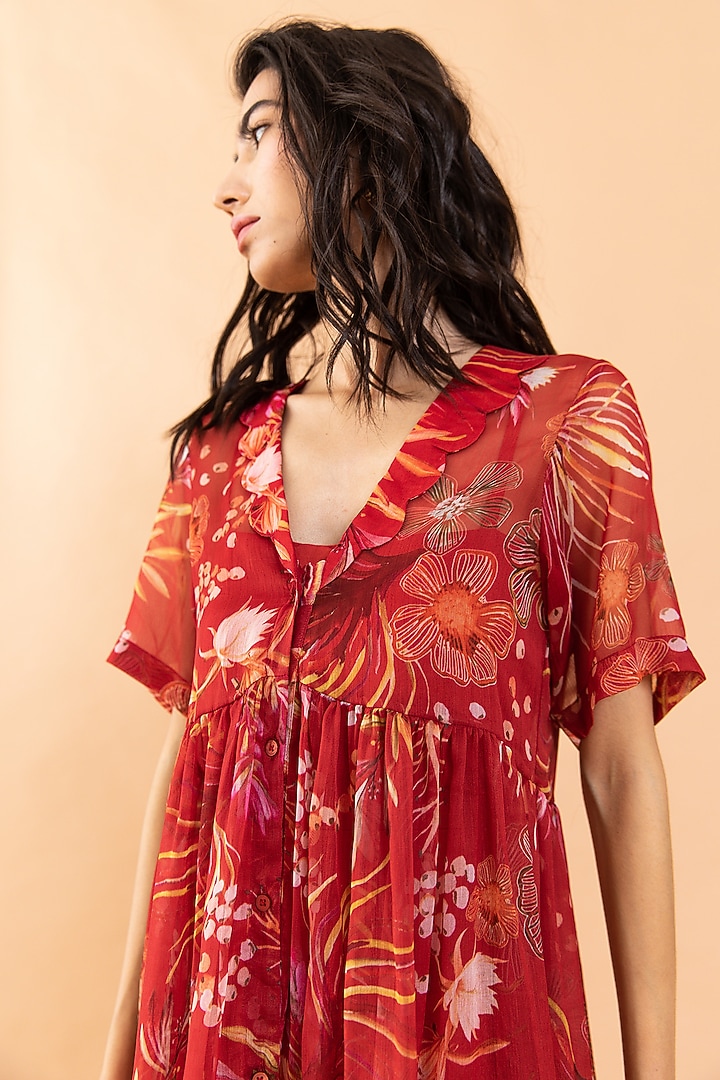 Cherry Red Recycled Chiffon Printed Kurta Set by AROOP SHOP INDIA at Pernia's Pop Up Shop