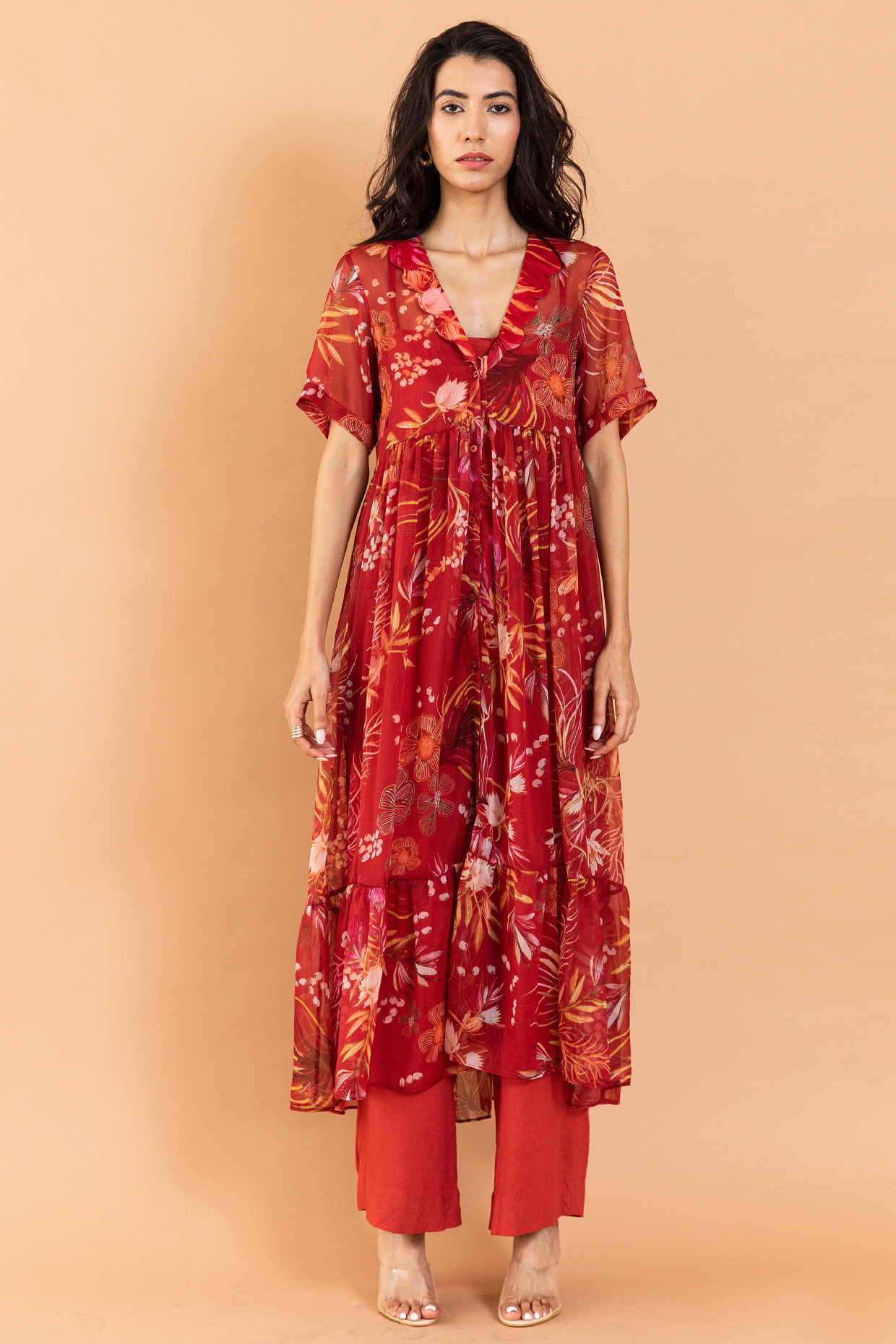 Cherry Red Recycled Chiffon Printed Kurta Set by AROOP SHOP INDIA at Pernia's Pop Up Shop
