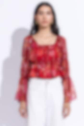 Cherry Red Recycled Chiffon Printed Top by AROOP SHOP INDIA