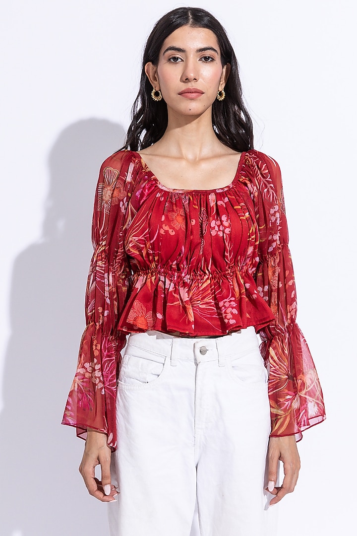 Cherry Red Recycled Chiffon Printed Top by AROOP SHOP INDIA
