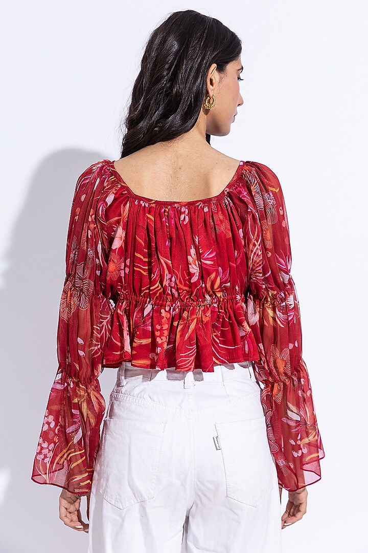 Cherry Red Recycled Chiffon Printed Top by AROOP SHOP INDIA at Pernia's Pop Up Shop