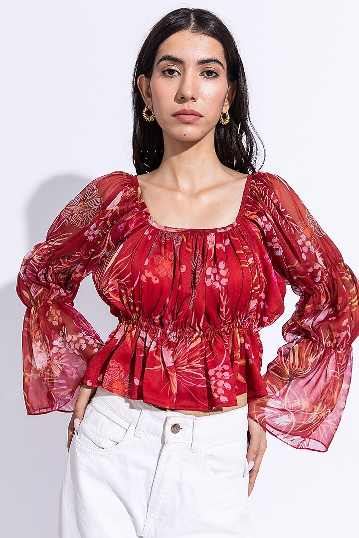 Cherry Red Recycled Chiffon Printed Top by AROOP SHOP INDIA at Pernia's Pop Up Shop