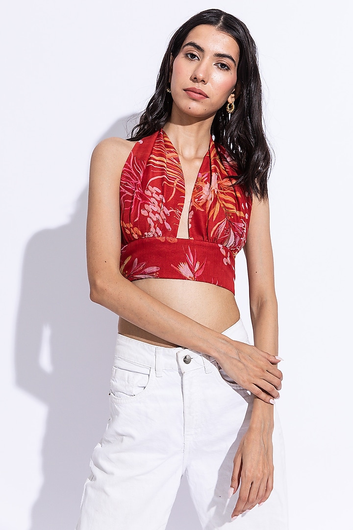 Cherry Red Recycled Chiffon Printed Draped Top by AROOP SHOP INDIA