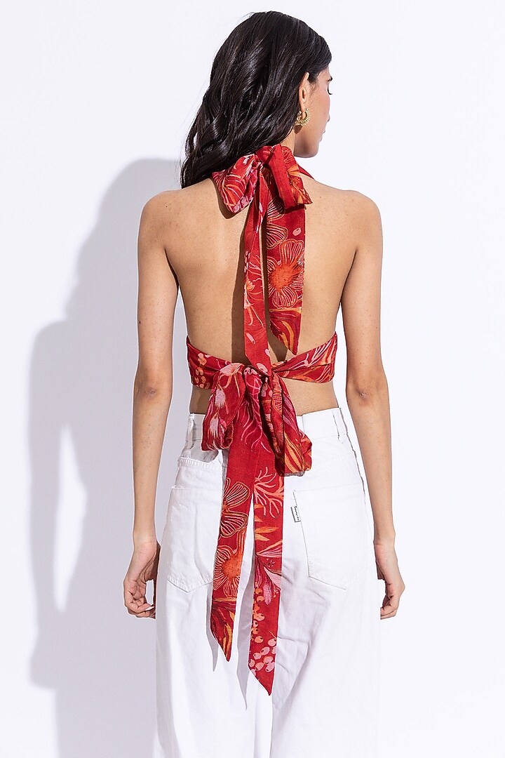 Cherry Red Recycled Chiffon Printed Draped Top by AROOP SHOP INDIA at Pernia's Pop Up Shop