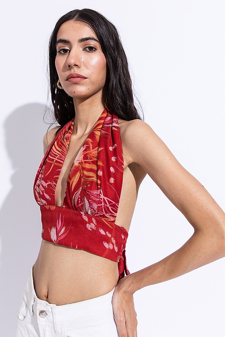Cherry Red Recycled Chiffon Printed Draped Top by AROOP SHOP INDIA at Pernia's Pop Up Shop