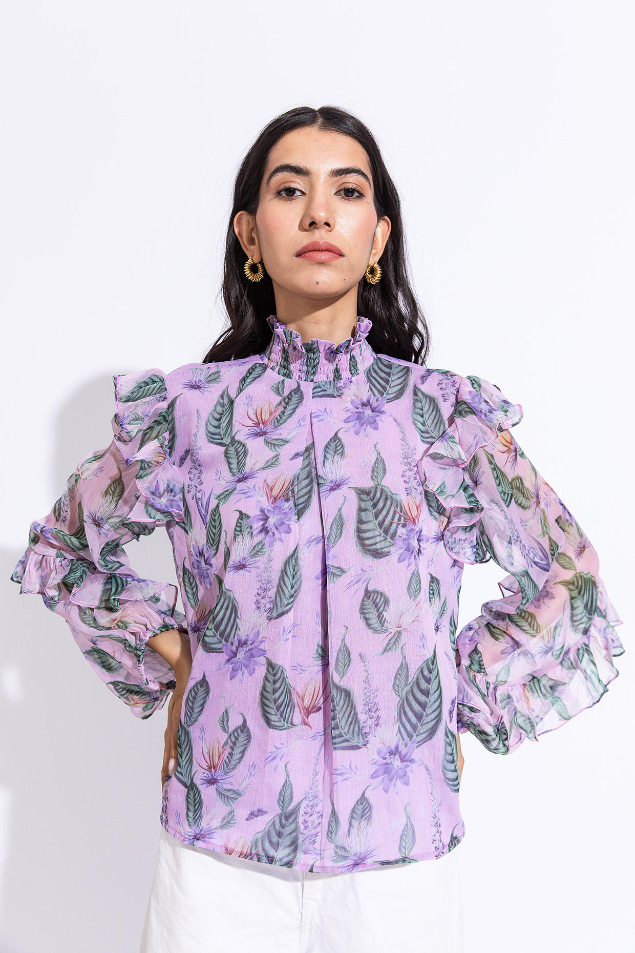 Lilac Recycled Chiffon Printed Top by AROOP SHOP INDIA at Pernia's Pop Up Shop