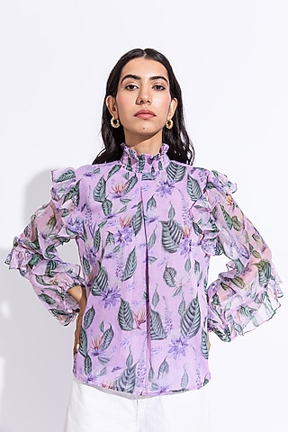 Lilac Recycled Chiffon Printed Top by AROOP SHOP INDIA