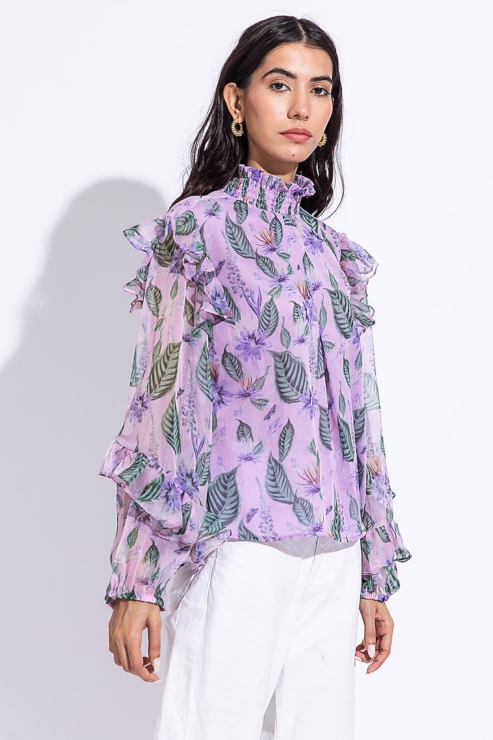 Lilac Recycled Chiffon Printed Top by AROOP SHOP INDIA at Pernia's Pop Up Shop
