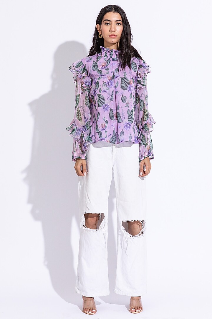 Lilac Recycled Chiffon Printed Top by AROOP SHOP INDIA at Pernia's Pop Up Shop