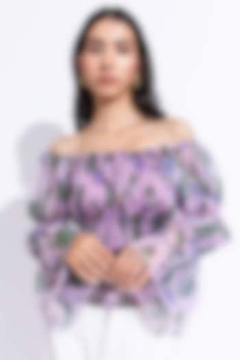 Lilac Recycled Chiffon Printed Off-Shoulder Top by AROOP SHOP INDIA