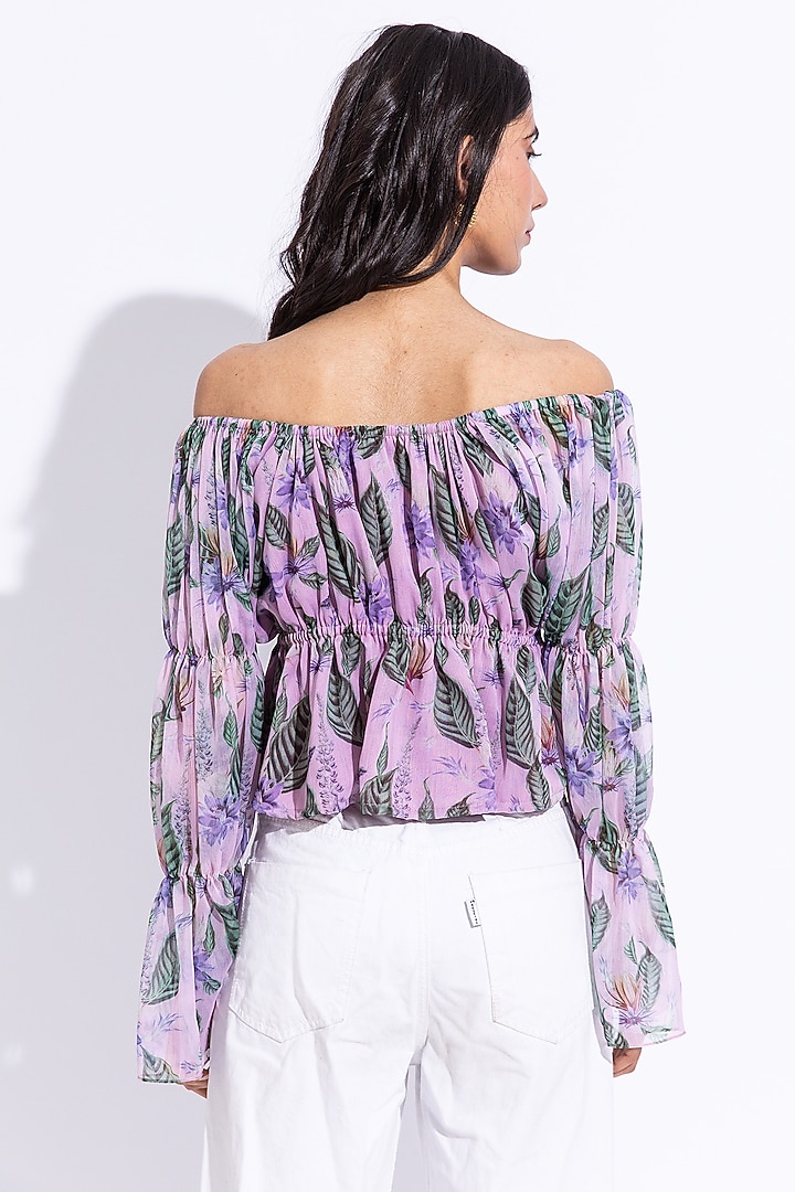 Lilac Recycled Chiffon Printed Off-Shoulder Top by AROOP SHOP INDIA at Pernia's Pop Up Shop