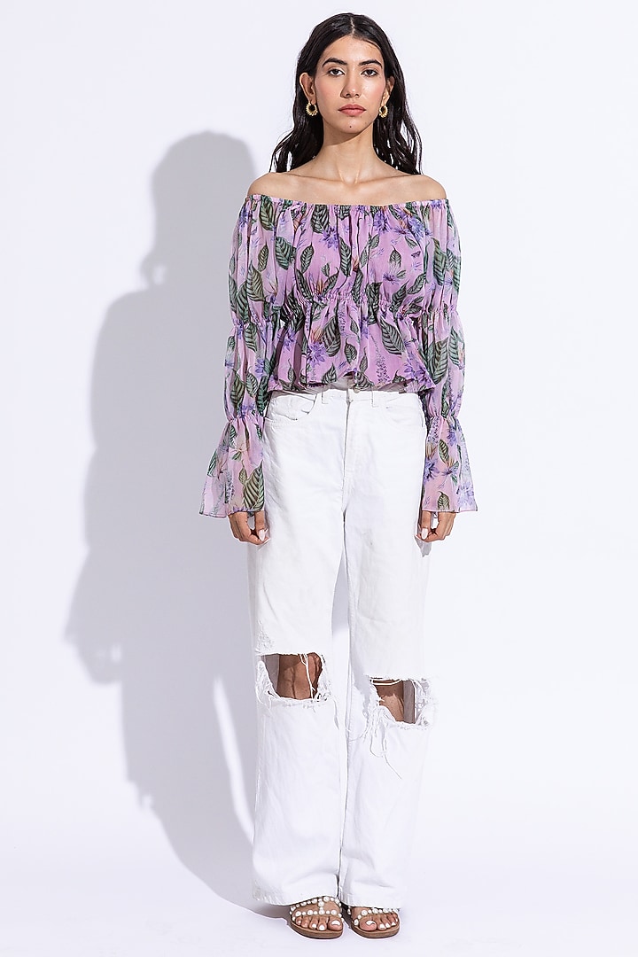 Lilac Recycled Chiffon Printed Off-Shoulder Top by AROOP SHOP INDIA at Pernia's Pop Up Shop