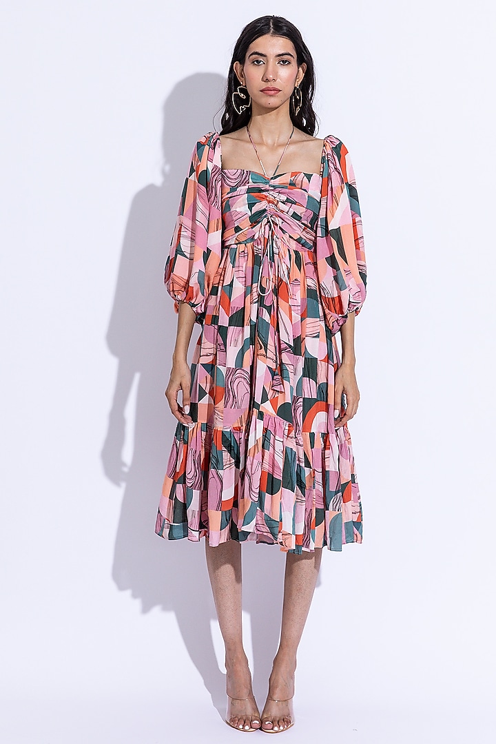 Multi-Colored Cotton Silk Printed Flared Tiered Dress by AROOP SHOP INDIA at Pernia's Pop Up Shop