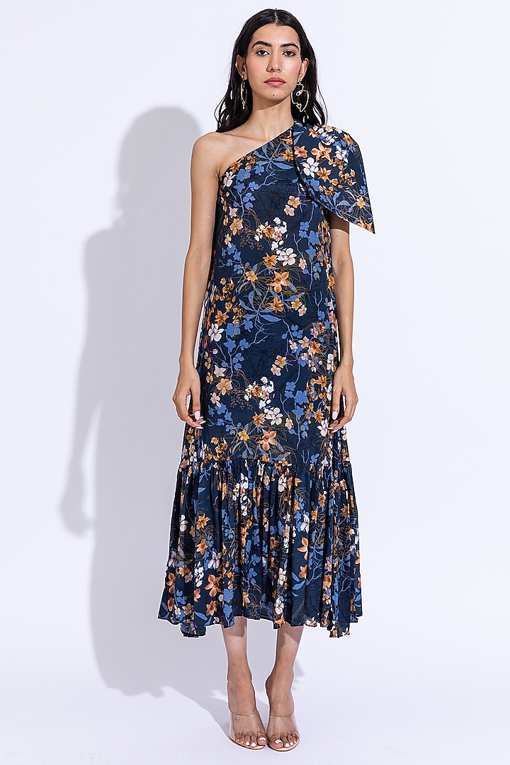Oxford Blue Cotton Silk Printed One-Shoulder Tiered Dress by AROOP SHOP INDIA