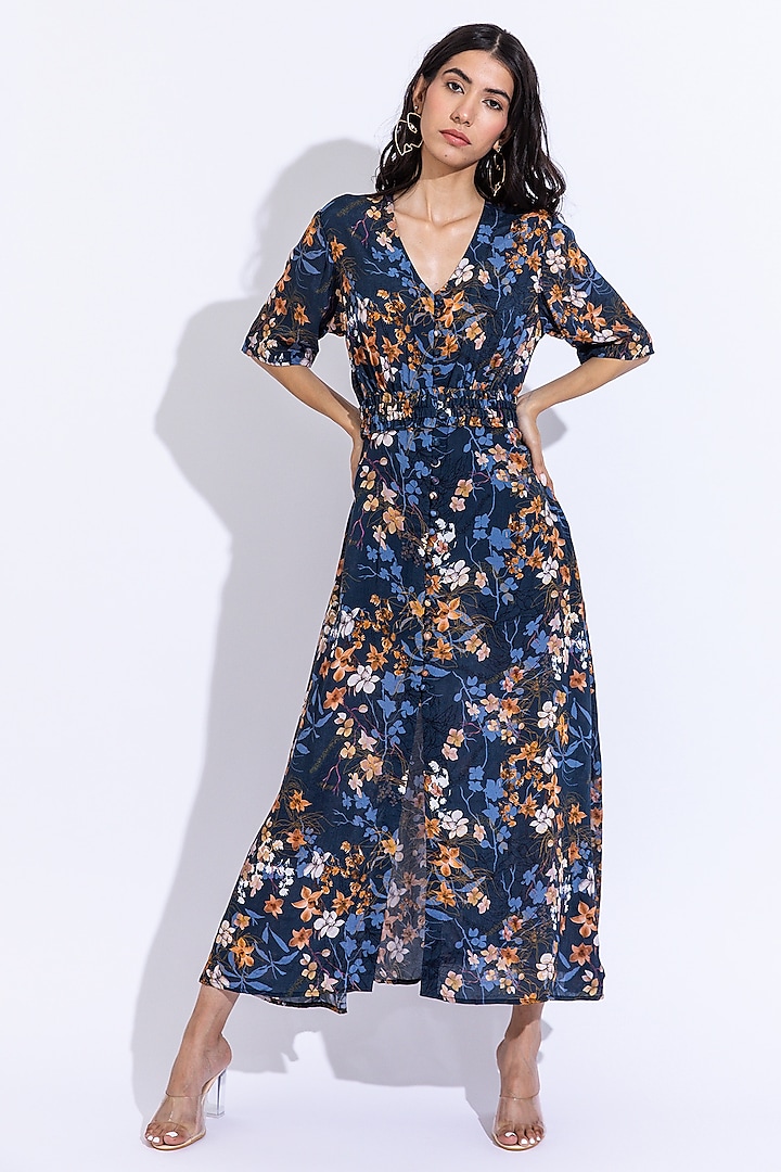 Oxford Blue Cotton Silk Printed Dress by AROOP SHOP INDIA