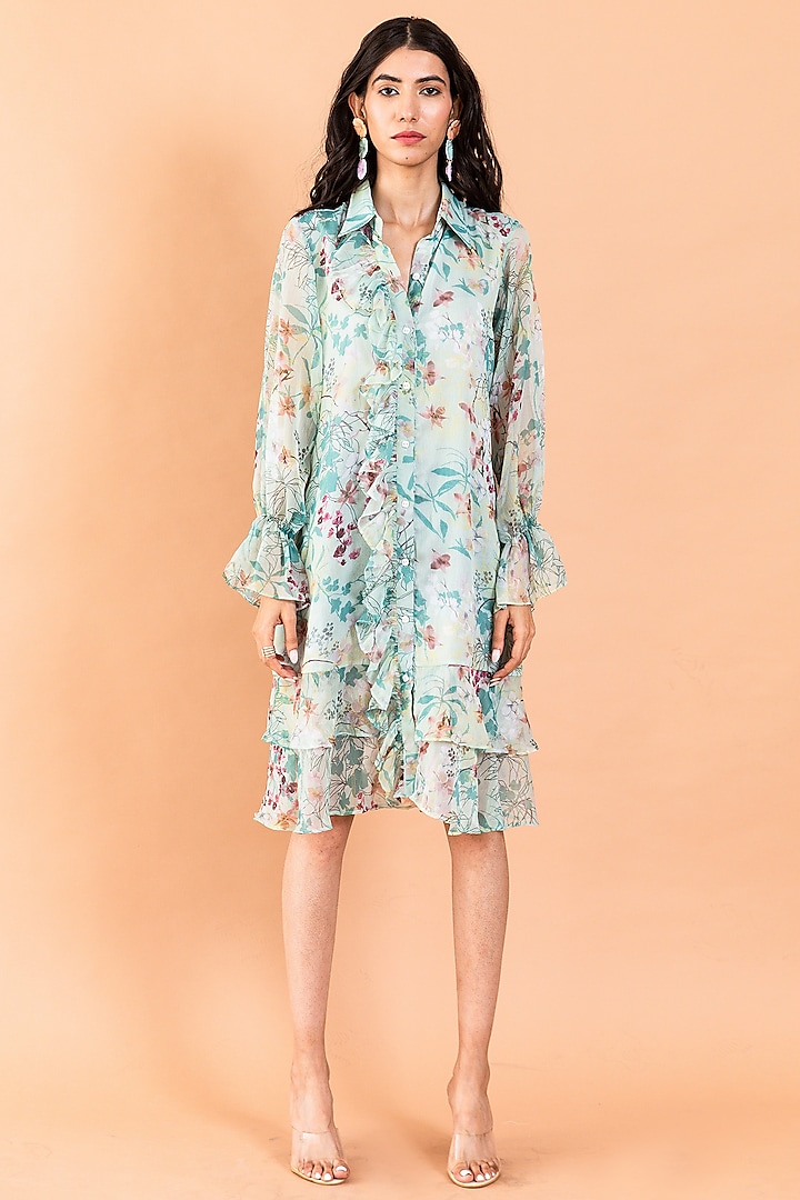 Pistachio Green Recycled Chiffon Printed Shirt Dress by AROOP SHOP INDIA
