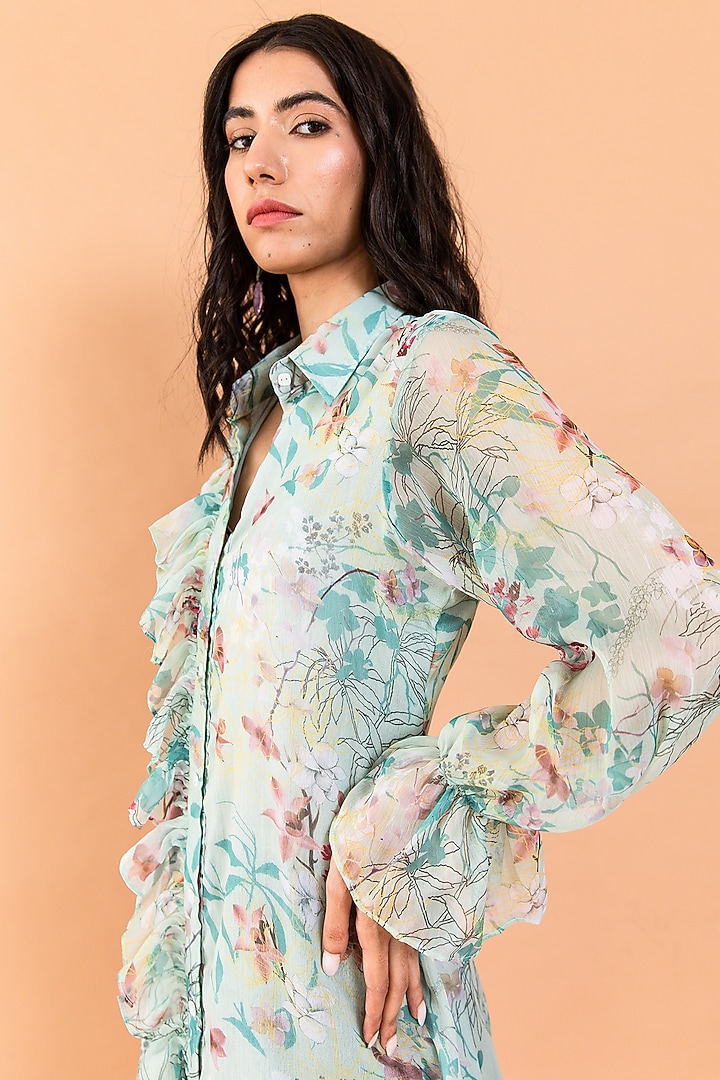 Pistachio Green Recycled Chiffon Printed Summer Shirt Dress by AROOP SHOP INDIA at Pernia's Pop Up Shop