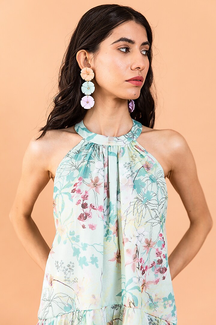 Pistachio Green Recycled Chiffon Printed Tiered Summer Dress by AROOP SHOP INDIA at Pernia's Pop Up Shop