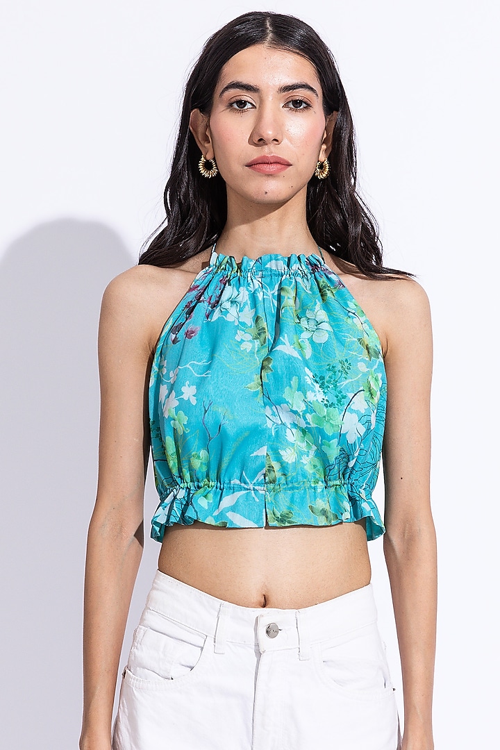 Tiffany Blue Recycled Chiffon Printed Top by AROOP SHOP INDIA