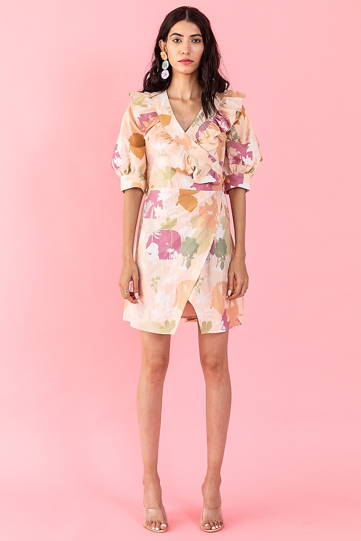 Peach Organic Cotton Printed Wrap Dress by AROOP SHOP INDIA