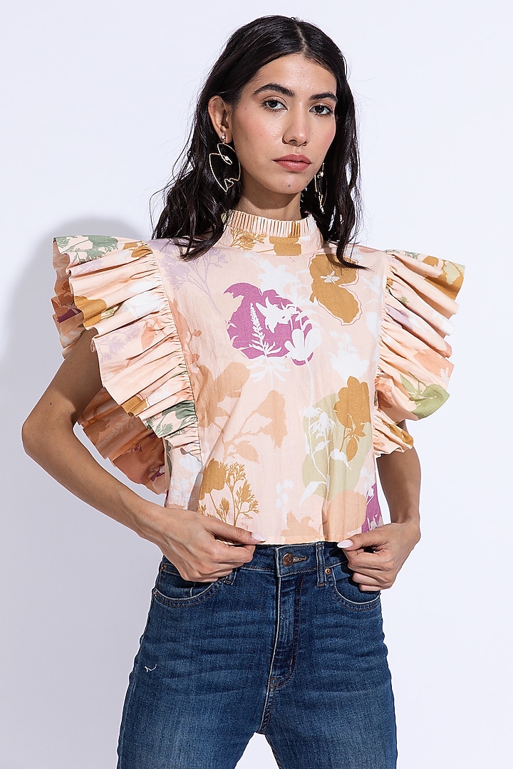 Peach Organic Cotton Printed Top by AROOP SHOP INDIA