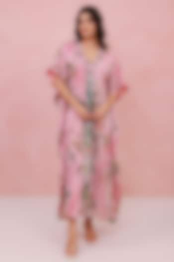 Pink Recycled Chiffon Hand Embroidered Kaftan by AROOP SHOP INDIA at Pernia's Pop Up Shop