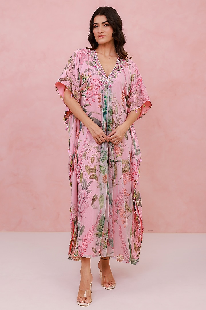 Pink Recycled Chiffon Hand Embroidered Kaftan by AROOP SHOP INDIA at Pernia's Pop Up Shop