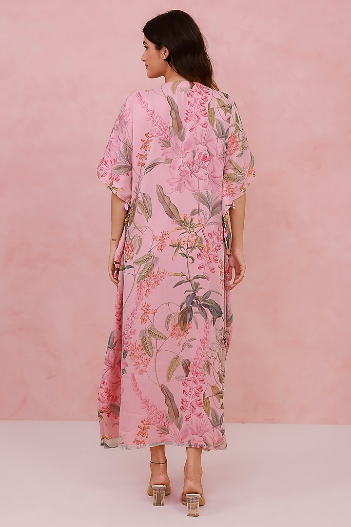 Pink Recycled Chiffon Hand Embroidered Kaftan by AROOP SHOP INDIA at Pernia's Pop Up Shop