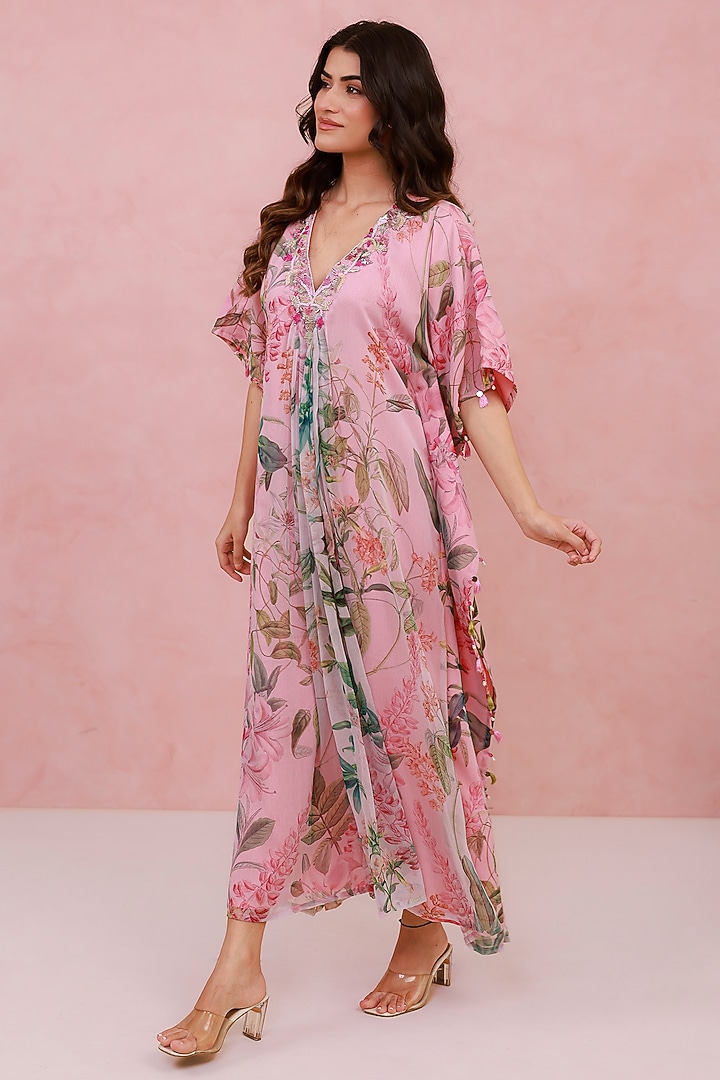 Pink Recycled Chiffon Hand Embroidered Kaftan by AROOP SHOP INDIA at Pernia's Pop Up Shop