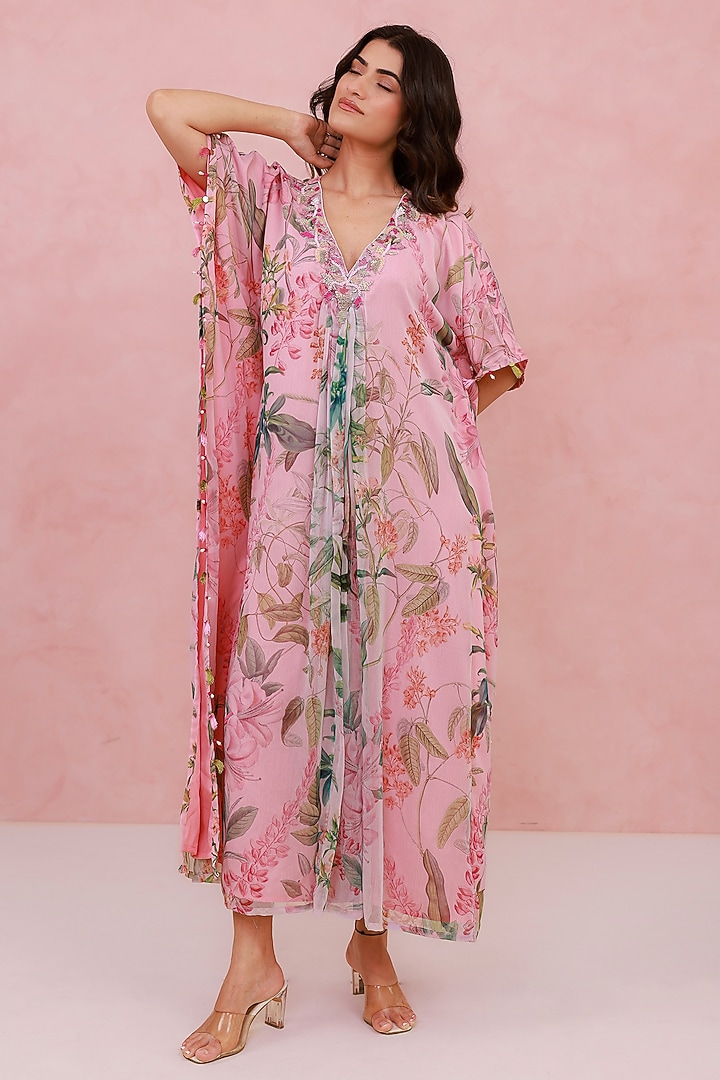 Pink Recycled Chiffon Hand Embroidered Kaftan by AROOP SHOP INDIA at Pernia's Pop Up Shop