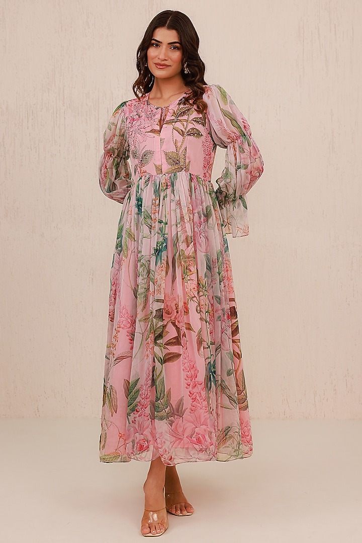 Pink Recycled Chiffon Hand Embroidered Summer Dress by AROOP SHOP INDIA at Pernia's Pop Up Shop