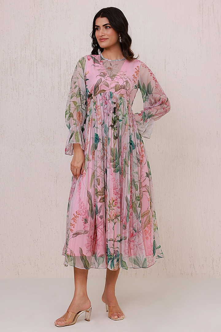 Pink Recycled Chiffon Midi Summer Dress by AROOP SHOP INDIA at Pernia's Pop Up Shop