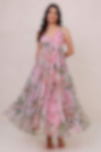 Pink Recycled Chiffon Floral Tiered Maxi Summer Dress by AROOP SHOP INDIA at Pernia's Pop Up Shop
