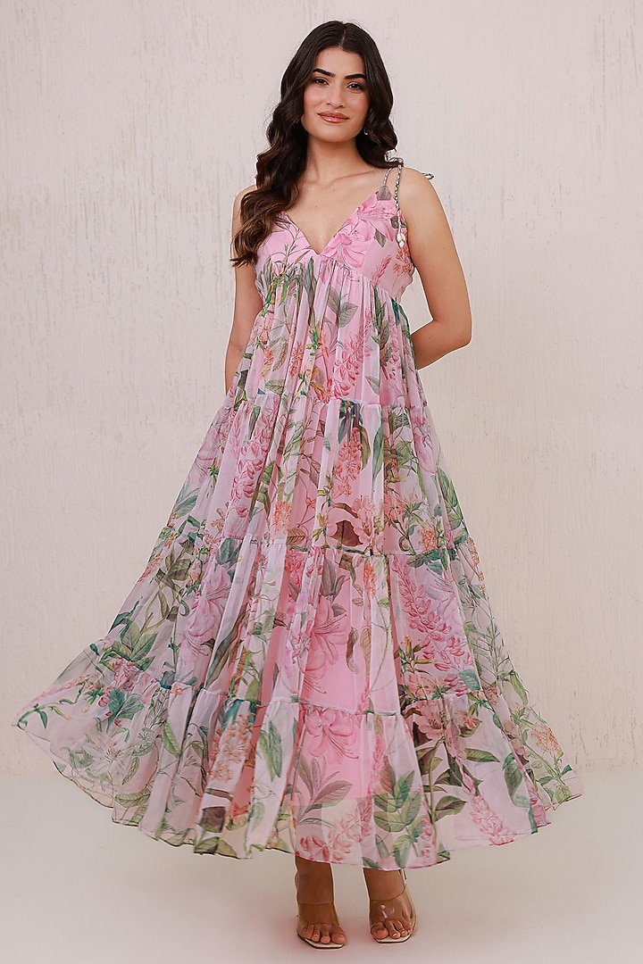 Pink Recycled Chiffon Floral Tiered Maxi Summer Dress by AROOP SHOP INDIA at Pernia's Pop Up Shop