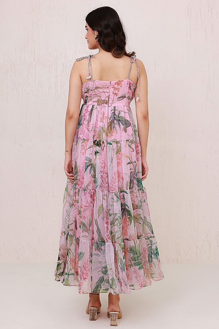 Pink Recycled Chiffon Floral Tiered Maxi Summer Dress by AROOP SHOP INDIA at Pernia's Pop Up Shop
