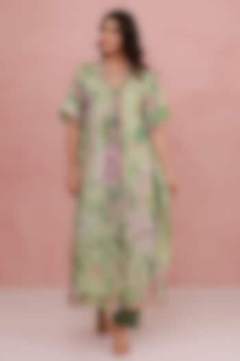 Green Recycled Chiffon Hand Embroidered Kaftan Set by AROOP SHOP INDIA at Pernia's Pop Up Shop