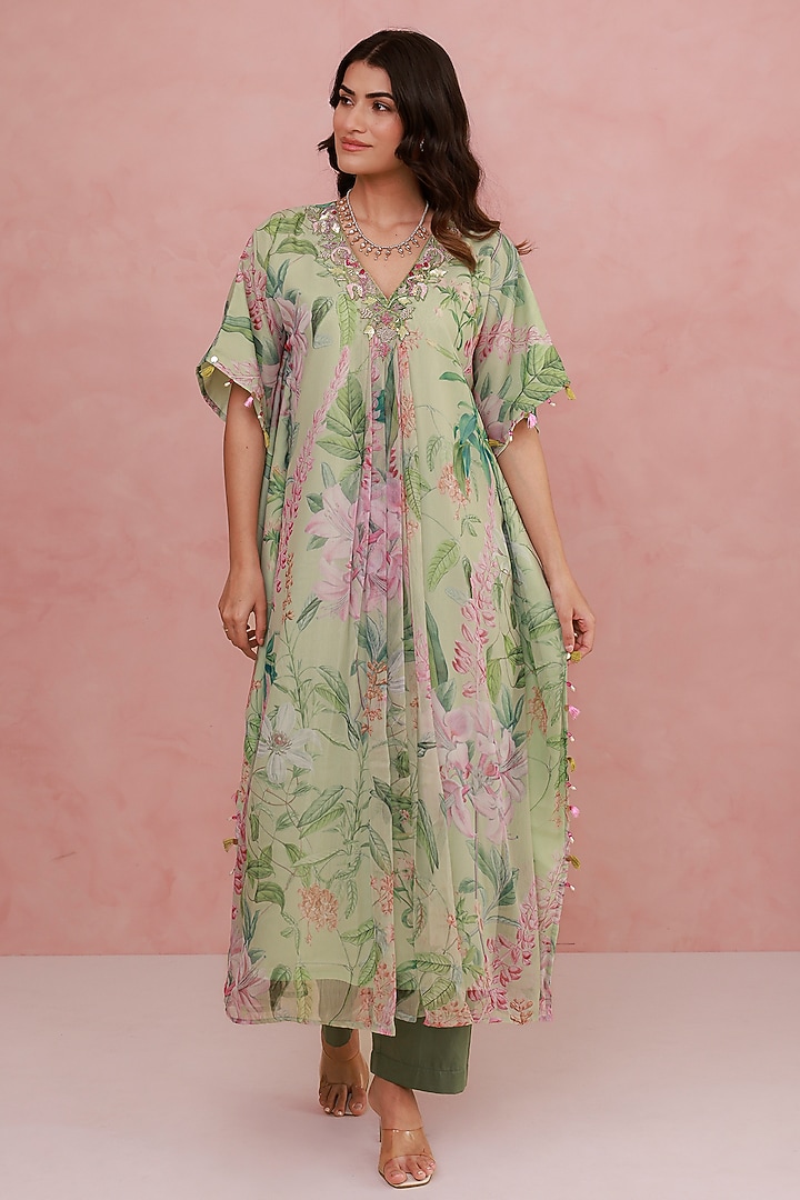 Green Recycled Chiffon Hand Embroidered Kaftan Set by AROOP SHOP INDIA at Pernia's Pop Up Shop