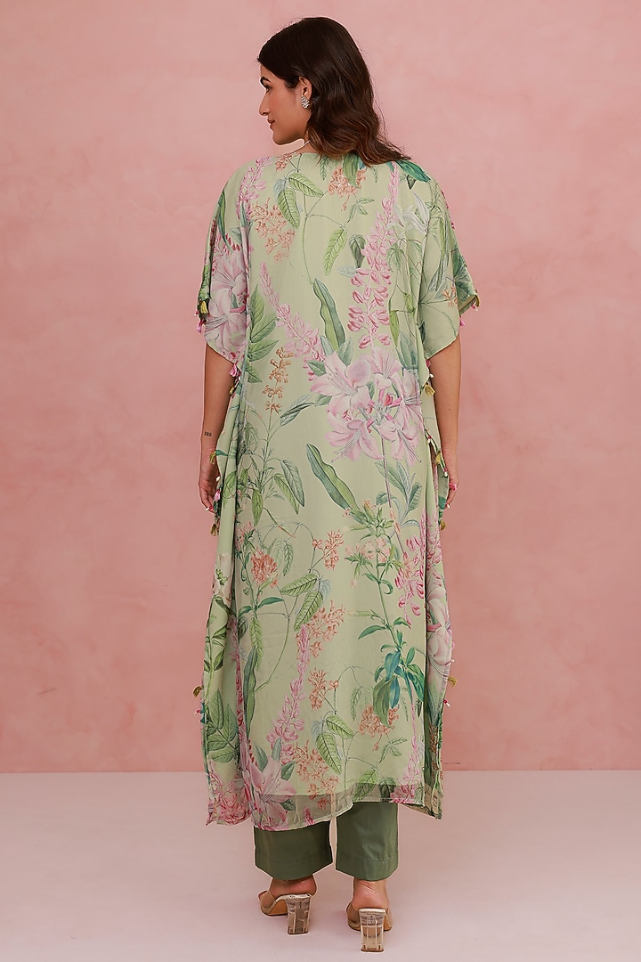 Green Recycled Chiffon Hand Embroidered Kaftan Set by AROOP SHOP INDIA at Pernia's Pop Up Shop