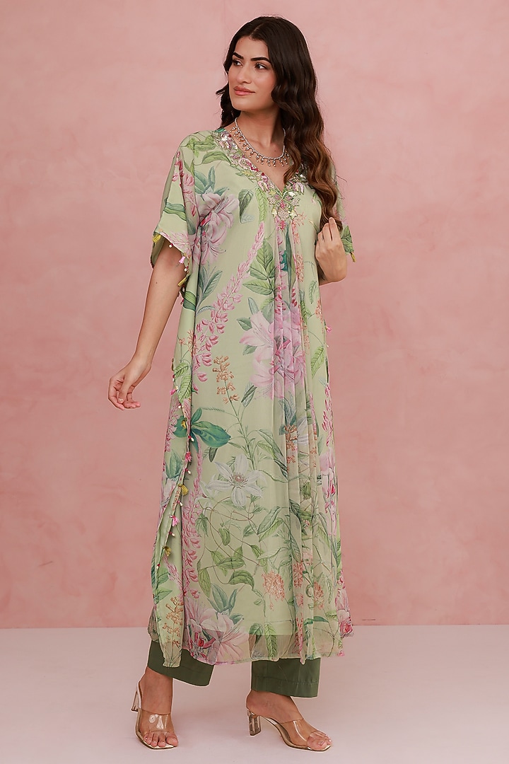 Green Recycled Chiffon Hand Embroidered Kaftan Set by AROOP SHOP INDIA at Pernia's Pop Up Shop