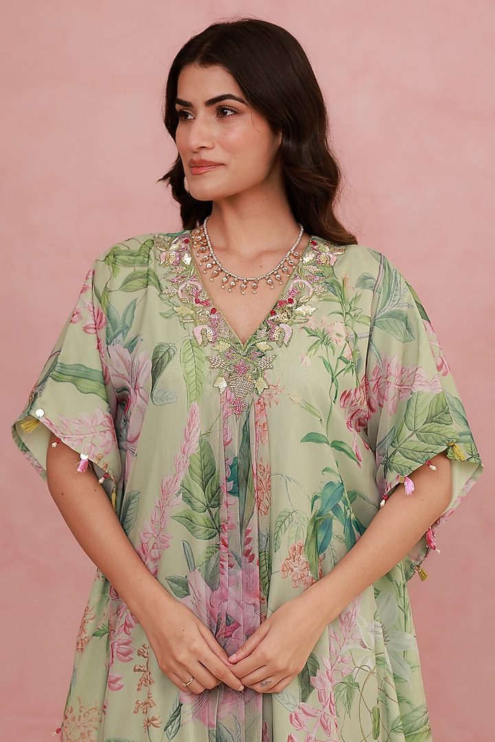 Green Recycled Chiffon Hand Embroidered Kaftan Set by AROOP SHOP INDIA at Pernia's Pop Up Shop