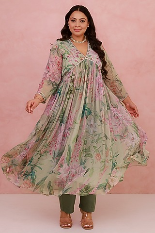 Green Recycled Chiffon Hand Embroidered Kurta Set by AROOP SHOP INDIA