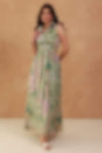 Green Recycled Chiffon Cut-Out Flared Maxi Summer Dress by AROOP SHOP INDIA at Pernia's Pop Up Shop