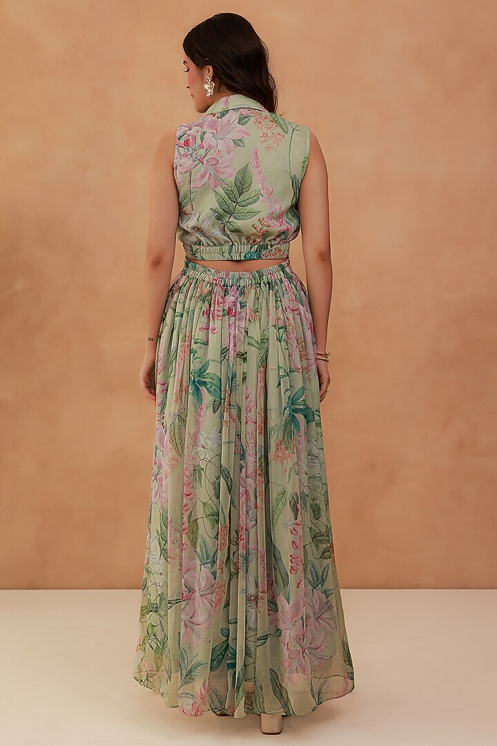 Green Recycled Chiffon Cut-Out Flared Maxi Summer Dress by AROOP SHOP INDIA at Pernia's Pop Up Shop