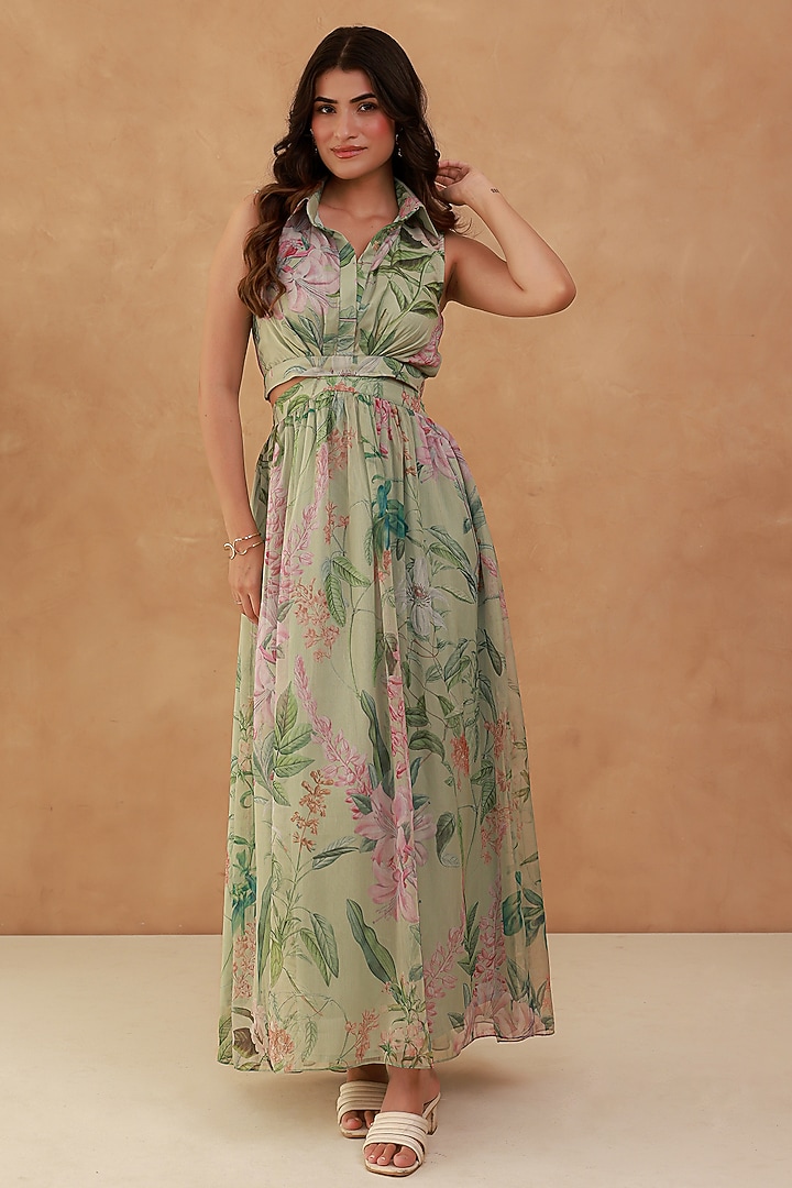 Green Recycled Chiffon Cut-Out Flared Maxi Summer Dress by AROOP SHOP INDIA at Pernia's Pop Up Shop