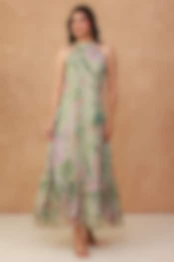 Green Recycled Chiffon Halter Tiered Summer Dress by AROOP SHOP INDIA at Pernia's Pop Up Shop