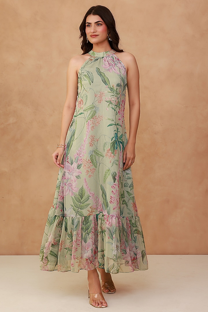 Green Recycled Chiffon Halter Tiered Summer Dress by AROOP SHOP INDIA at Pernia's Pop Up Shop