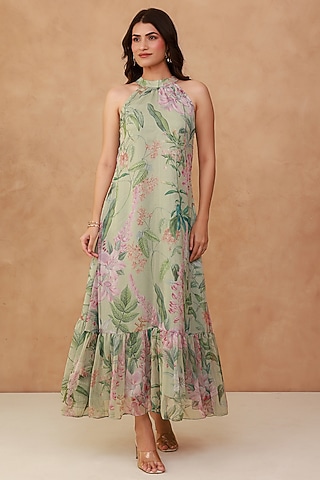 Green Recycled Chiffon Halter Tiered Dress by AROOP SHOP INDIA
