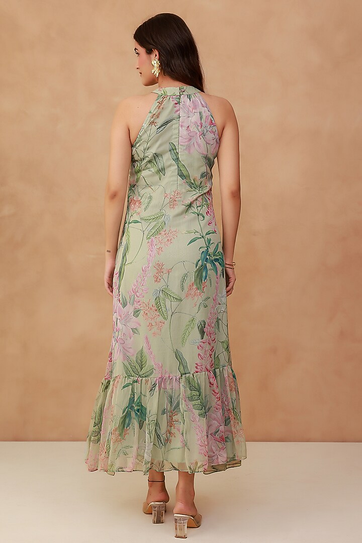 Green Recycled Chiffon Halter Tiered Summer Dress by AROOP SHOP INDIA at Pernia's Pop Up Shop