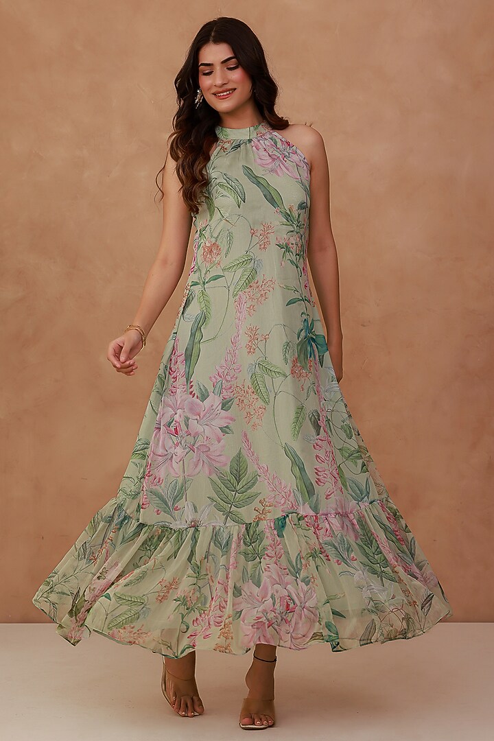 Green Recycled Chiffon Halter Tiered Summer Dress by AROOP SHOP INDIA at Pernia's Pop Up Shop